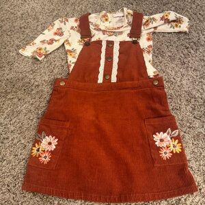Little Lass Rust Corduroy Overall Skirt with Floral Embroidery